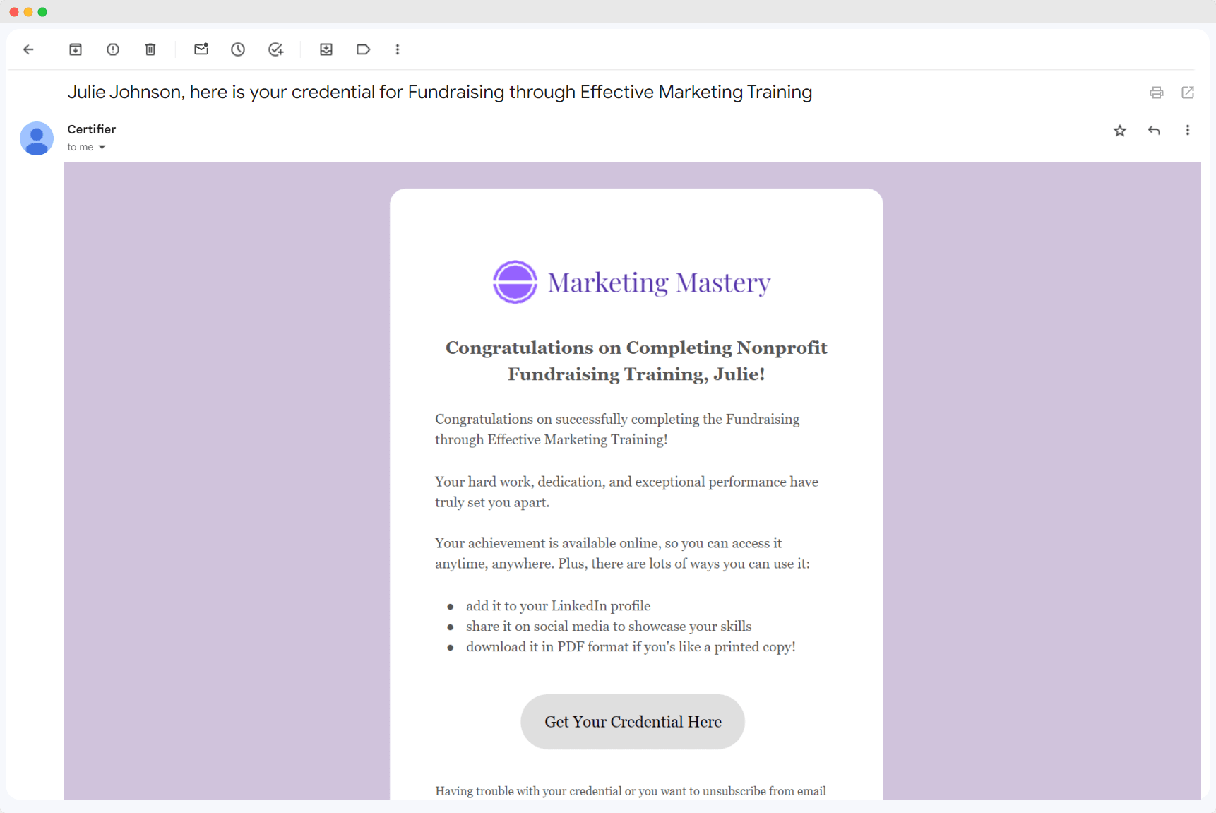 A custom, branded email that was generated in Certifier. A custom, branded email that was generated in Certifier.