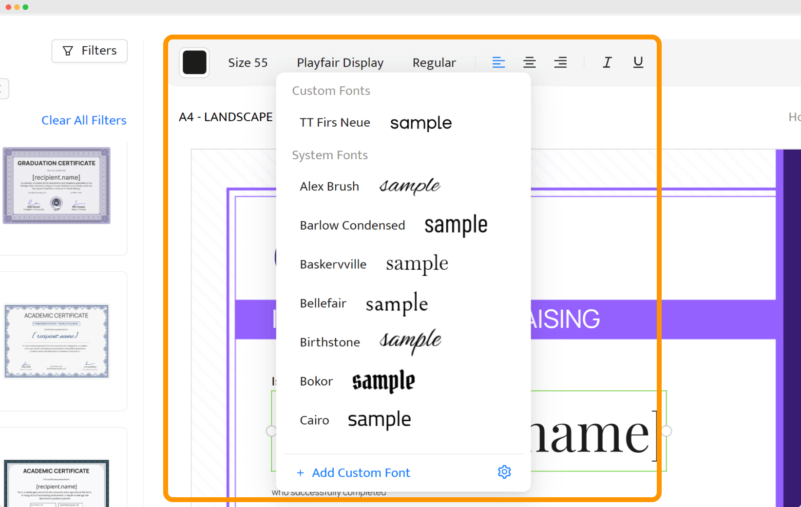 Choosing fonts in Certifier’s editor as one of the steps of how to print on certificate paper. Choosing fonts in Certifier’s editor as one of the steps of how to print on certificate paper.