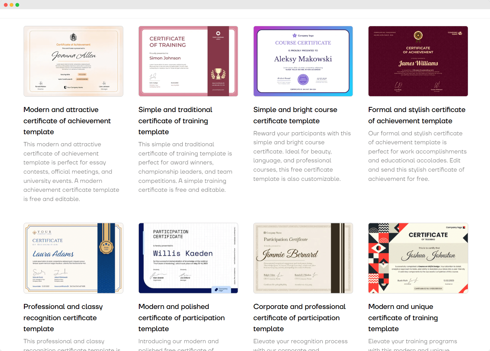 Certifier’s gallery of templates, all ready for certificate printing online. Certifier’s gallery of templates, all ready for certificate printing online.