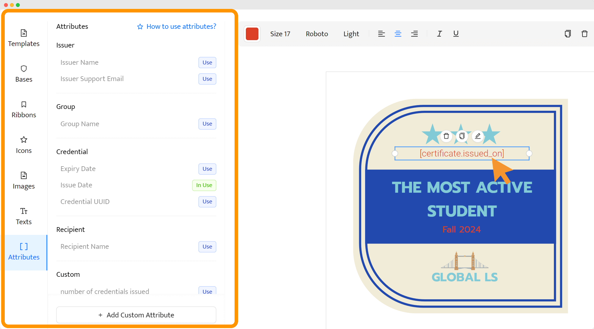 Adding dynamic attributes as one of the steps of how to create digital badges for students. Adding dynamic attributes as one of the steps of how to create digital badges for students.