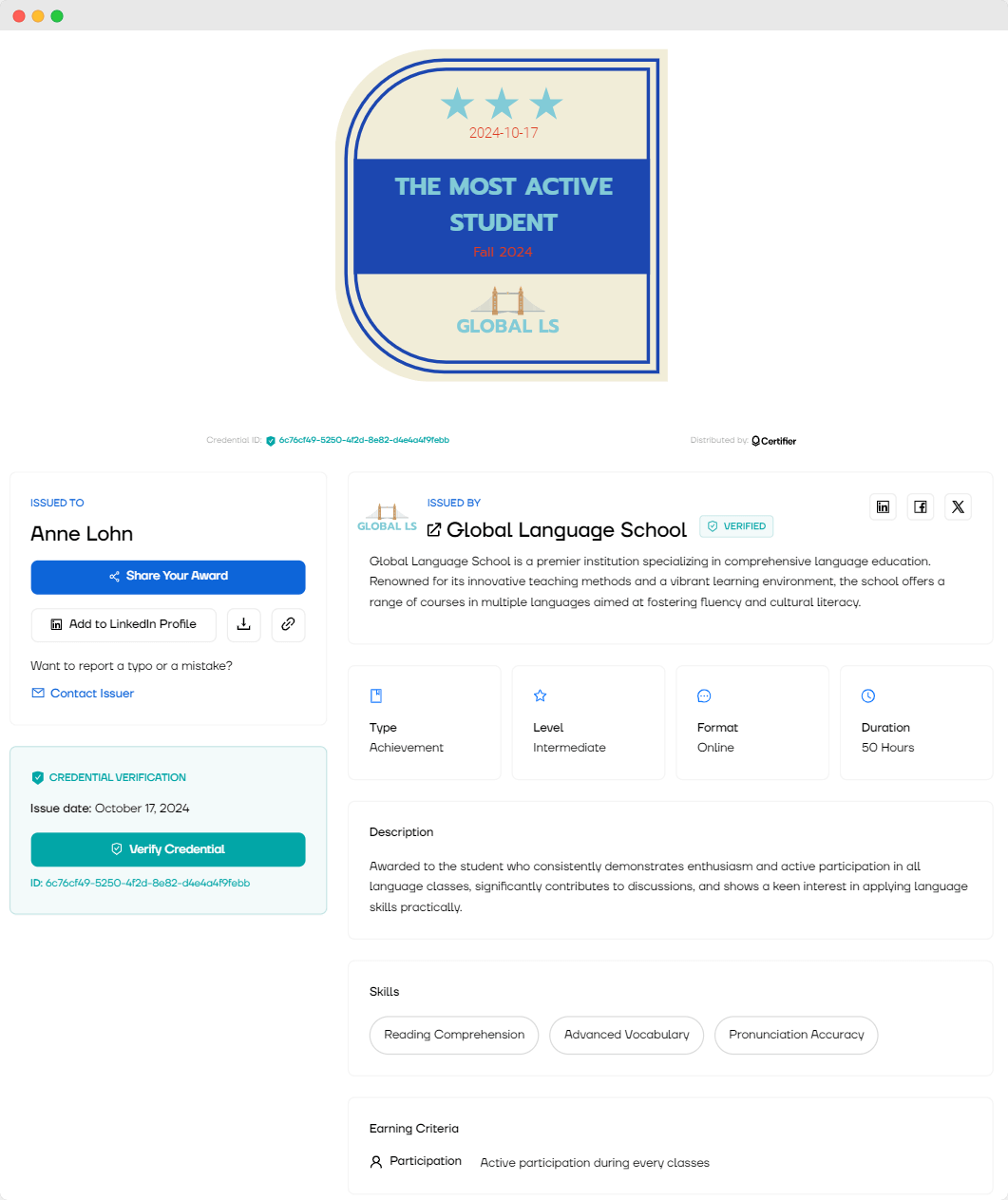 A digital wallet view showing one of the exemplary digital badges for students. A digital wallet view showing one of the exemplary digital badges for students.