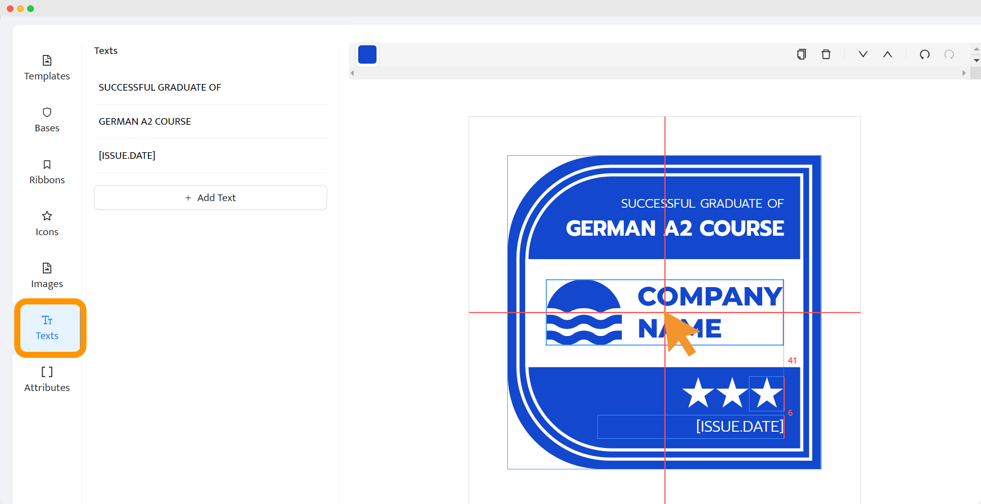 Editing a badge design for German course completion, illustrating one of the examples of free digital badges for students. Editing a badge design for German course completion, illustrating one of the examples of free digital badges for students.