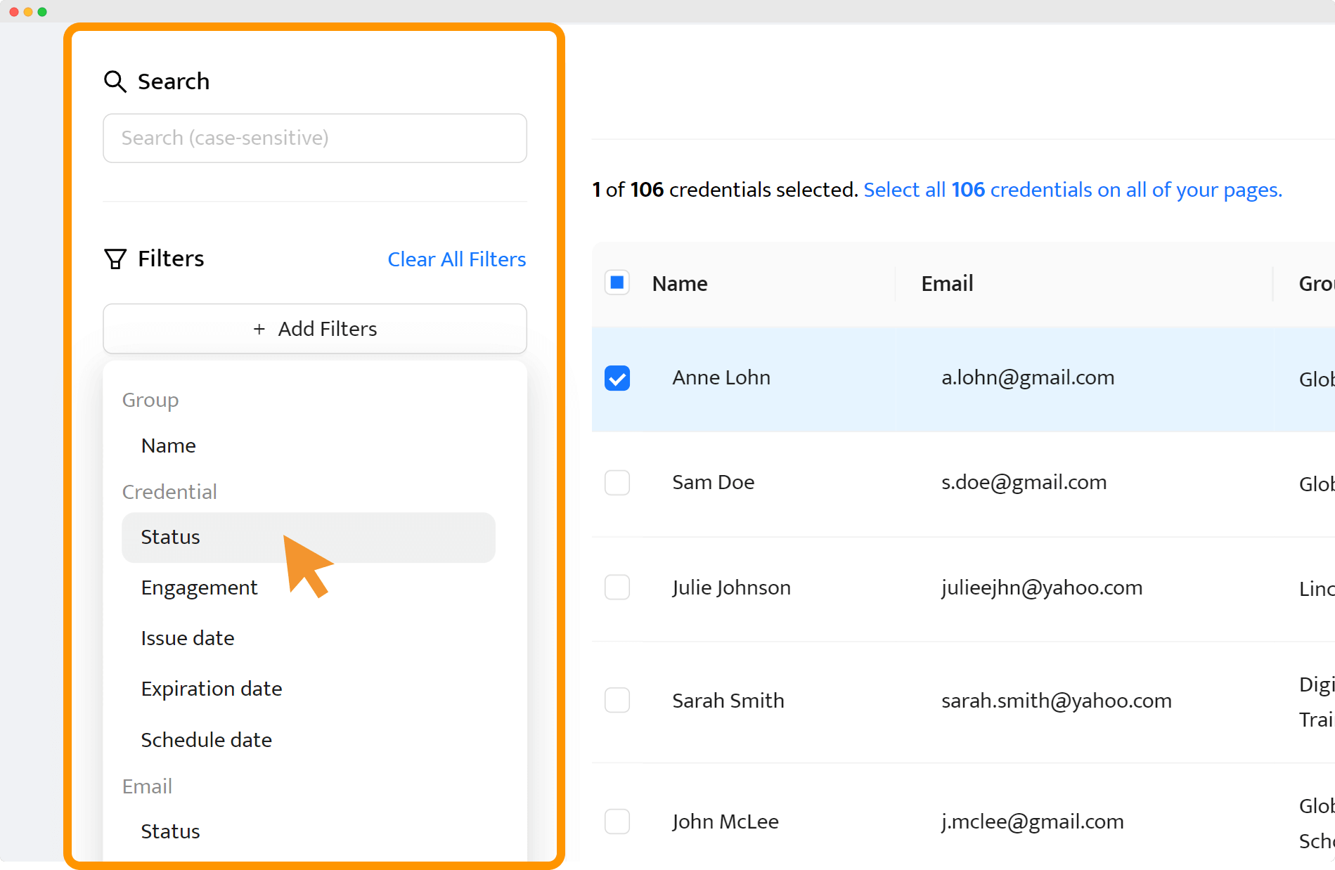 Filters and recipient list for managing free digital badges for students. It also shows credential status filters. Filters and recipient list for managing free digital badges for students. It also shows credential status filters.