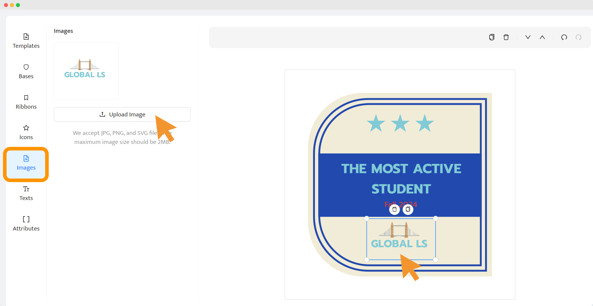 Certifier’s badge editor view showing how to upload a logo as one of the steps of creating digital badges for students. Certifier’s badge editor view showing how to upload a logo as one of the steps of creating digital badges for students.