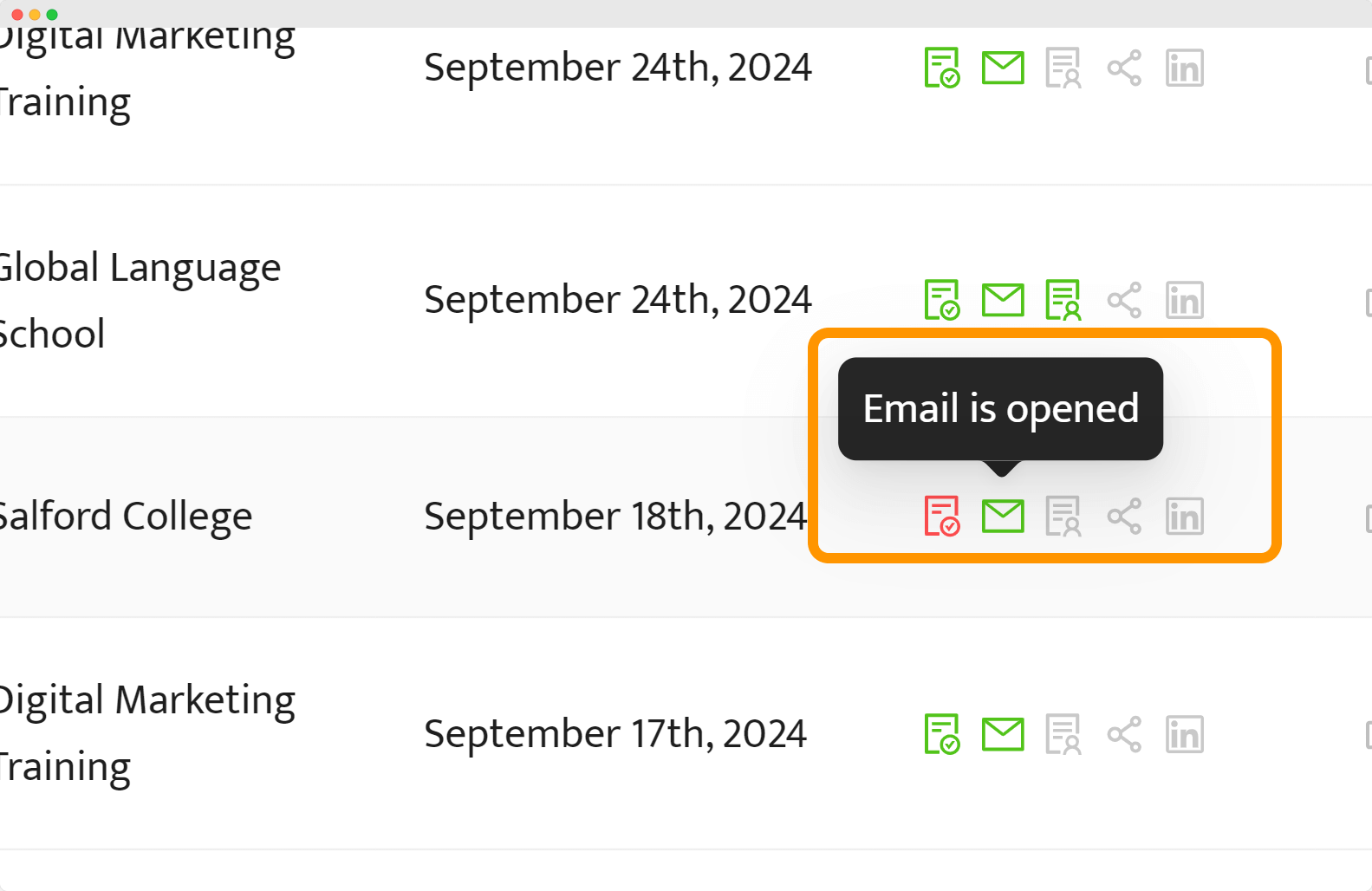 A list of issued digital badges for students, with icons showing email statuses and credential actions. A list of issued digital badges for students, with icons showing email statuses and credential actions.