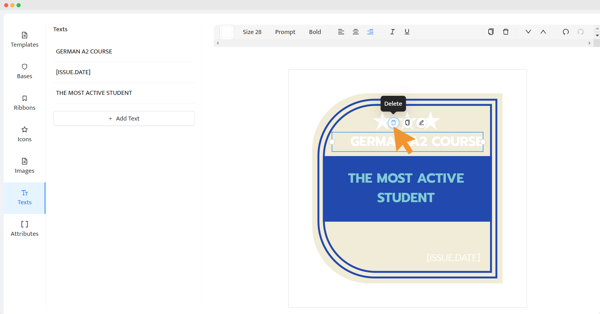One of the steps of creating digital badges for students – deleting a text field. One of the steps of creating digital badges for students – deleting a text field.