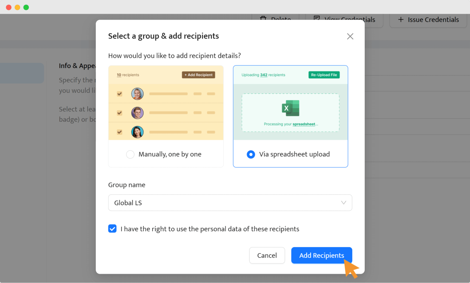 Group and recipient selection step for issuing and creating digital badges for students. Group and recipient selection step for issuing and creating digital badges for students.