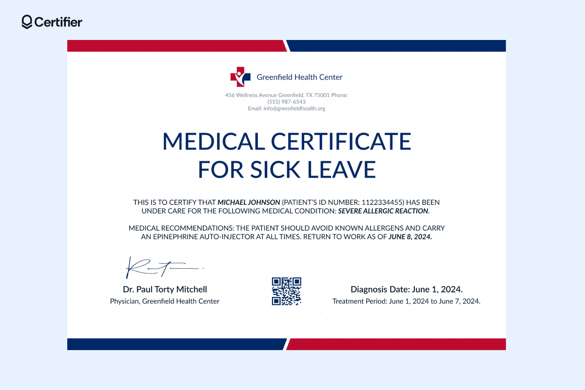 A medical certificate example issued for sick leave due to a severe allergic reaction for Michael Johnson, advising a return to work by June 8, 2024. A medical certificate example issued for sick leave due to a severe allergic reaction for Michael Johnson, advising a return to work by June 8, 2024.