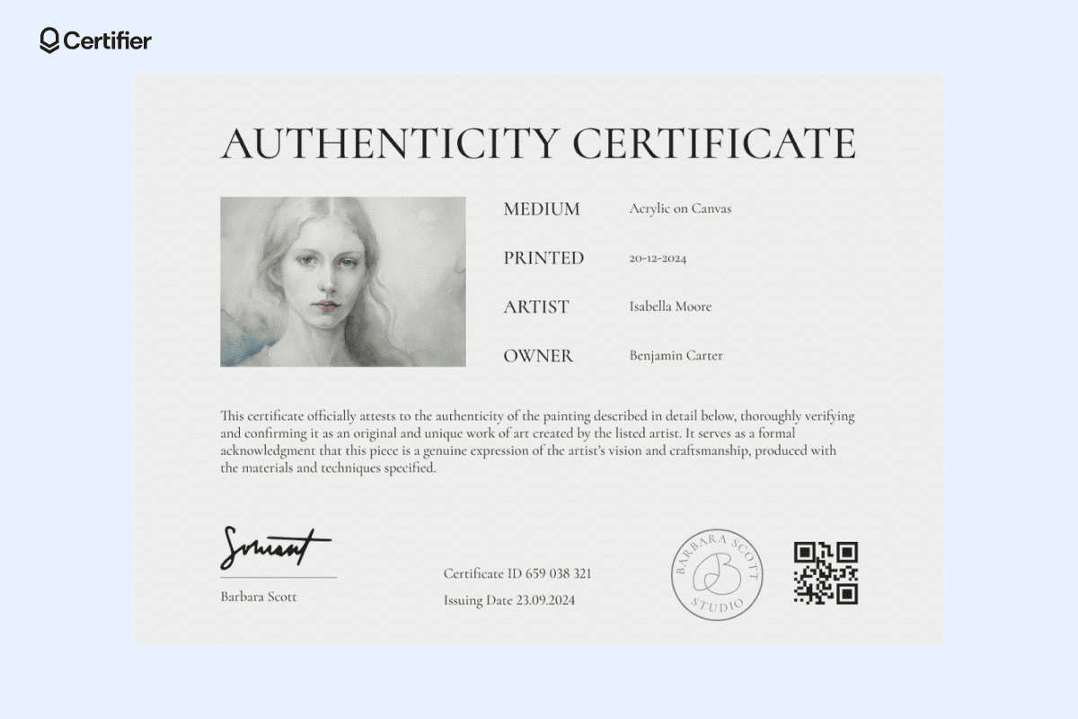A certificate of authenticity example verifying the artwork of Isabella Moore, owned by Benjamin Carter, printed on acrylic canvas. A certificate of authenticity example verifying the artwork of Isabella Moore, owned by Benjamin Carter, printed on acrylic canvas.