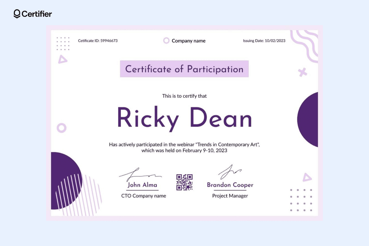 A participation certificate example awarded to Ricky Dean for engaging in the webinar A participation certificate example awarded to Ricky Dean for engaging in the webinar