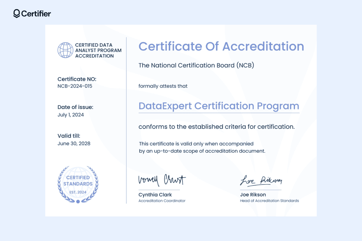 A professional certificate example for the DataExpert Certification Program accredited by the National Certification Board. A professional certificate example for the DataExpert Certification Program accredited by the National Certification Board.