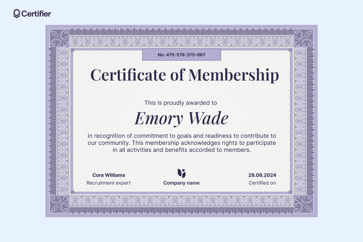 Elegant purple certificate of membership example awarded to Emory Wade, highlighting membership in a community. Elegant purple certificate of membership example awarded to Emory Wade, highlighting membership in a community.