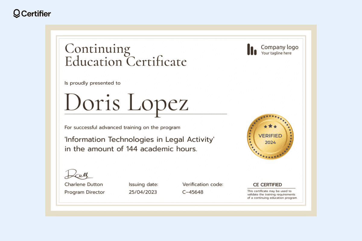 Classic and clean design, this professional example of certificate is awarded to Doris Lopez for completing advanced legal technology training. Classic and clean design, this professional example of certificate is awarded to Doris Lopez for completing advanced legal technology training.