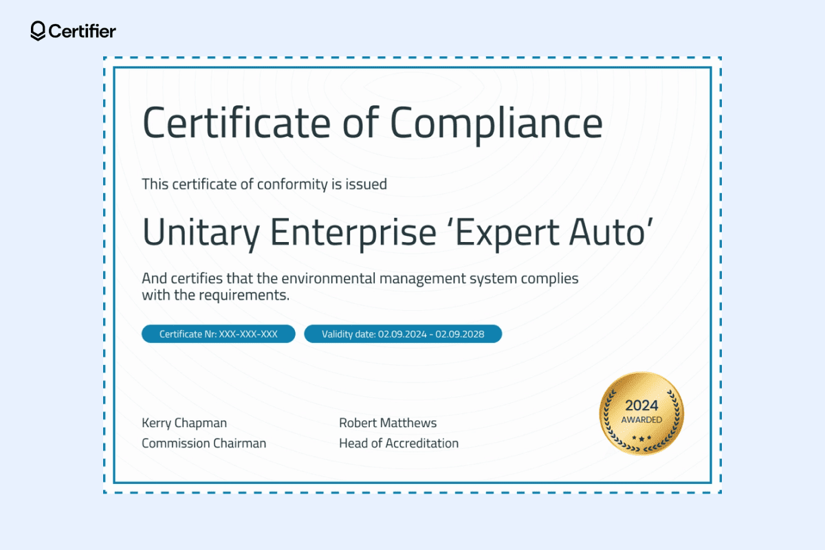 Blue bordered certificate of compliance example issued to Unitary Enterprise 'Expert Auto' for environmental management system compliance, featuring a modern style. Blue bordered certificate of compliance example issued to Unitary Enterprise 'Expert Auto' for environmental management system compliance, featuring a modern style.