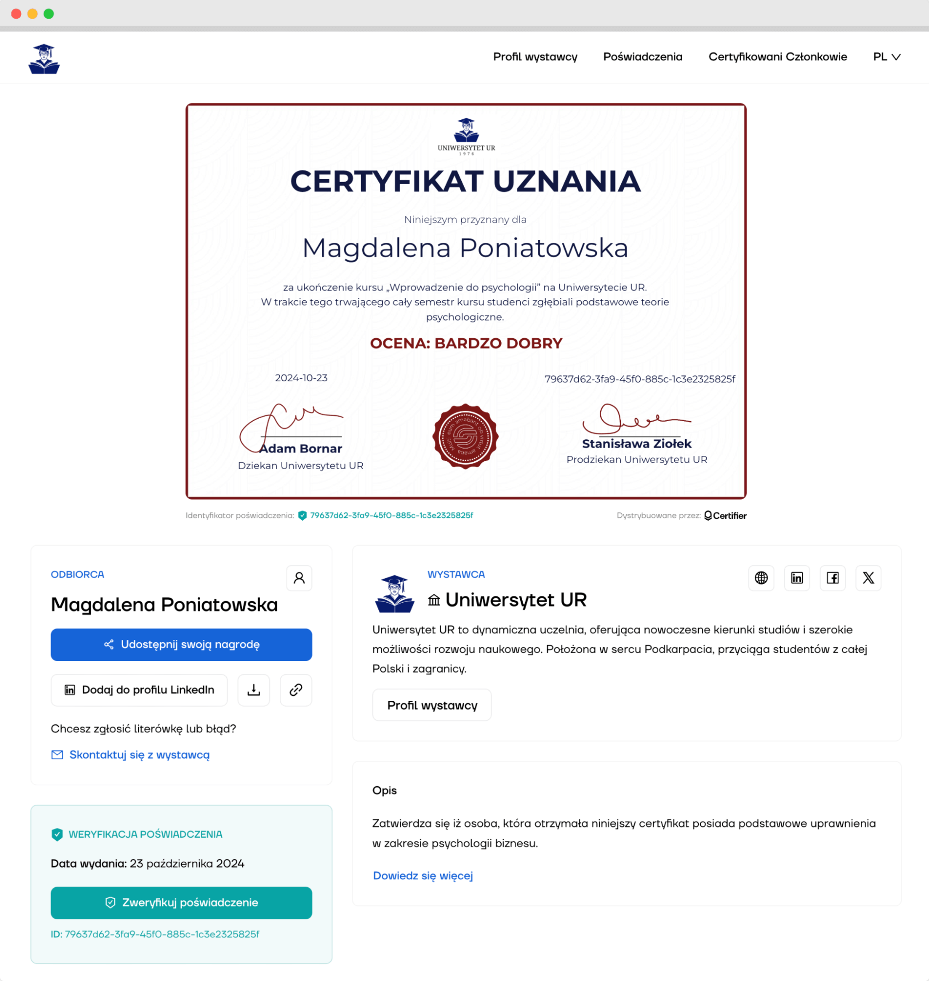 Cyfrowy portfel z przykładem certyfikatu, który można umieścić w CV. Cyfrowy portfel z przykładem certyfikatu, który można umieścić w CV.