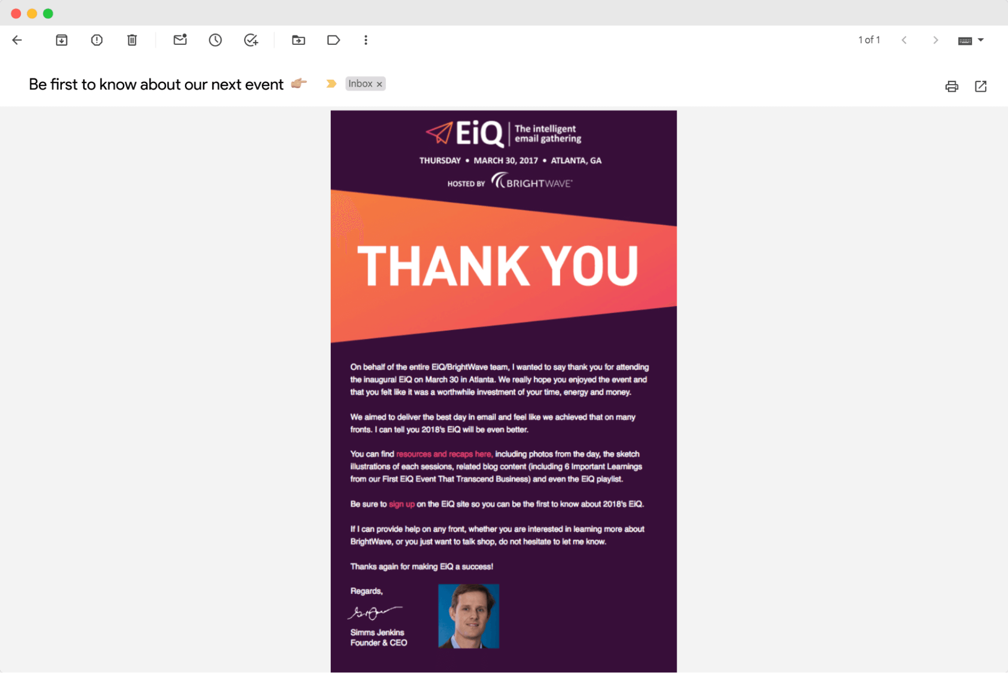 Event thank you email for a large event, celebrating the attendee's involvement and offering access to exclusive post-event materials. Event thank you email for a large event, celebrating the attendee's involvement and offering access to exclusive post-event materials.