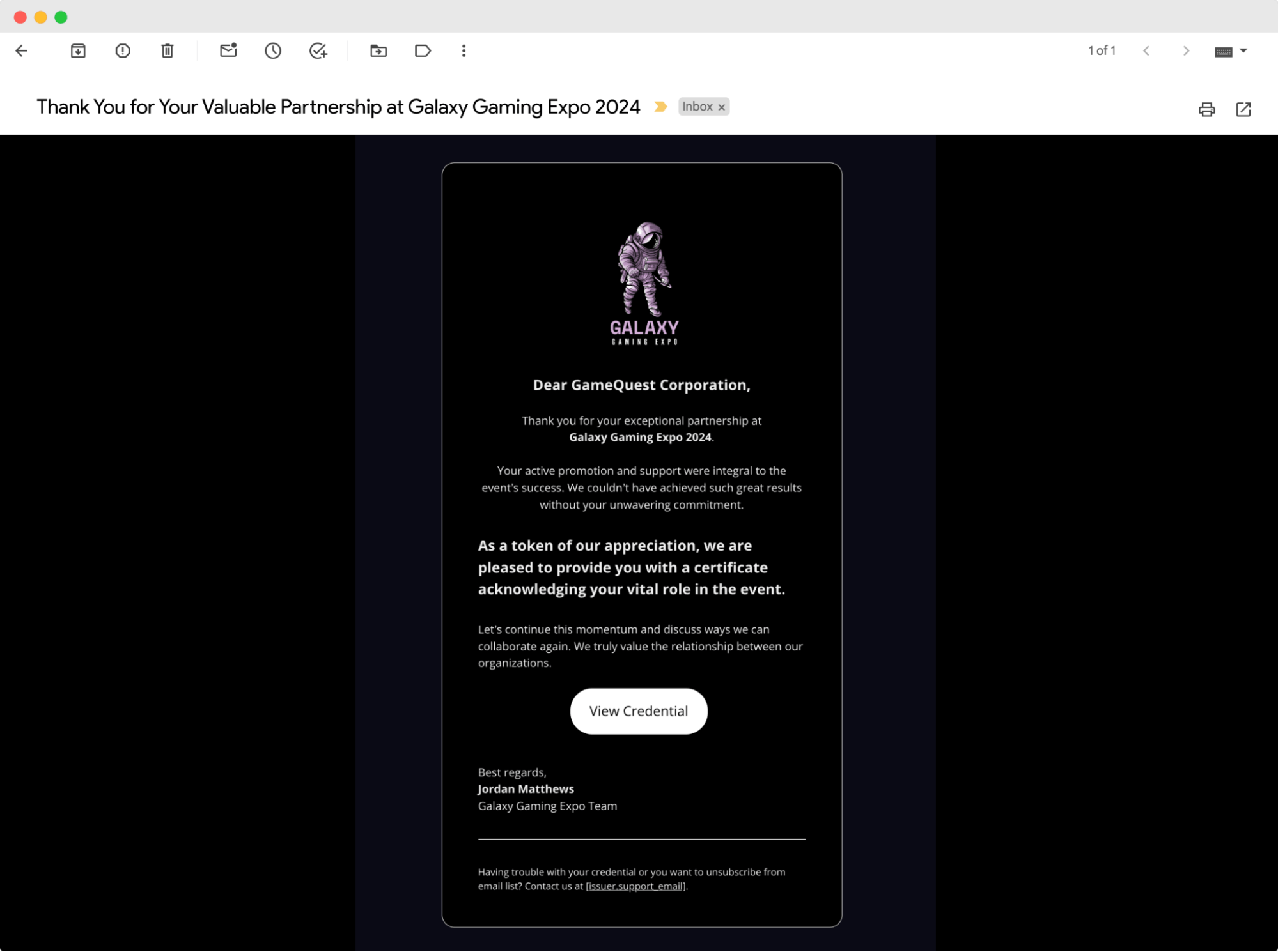 Sample thank you email after successful event, highlighting gratitude towards partners for their support and providing a link to view their certificate. Sample thank you email after successful event, highlighting gratitude towards partners for their support and providing a link to view their certificate.