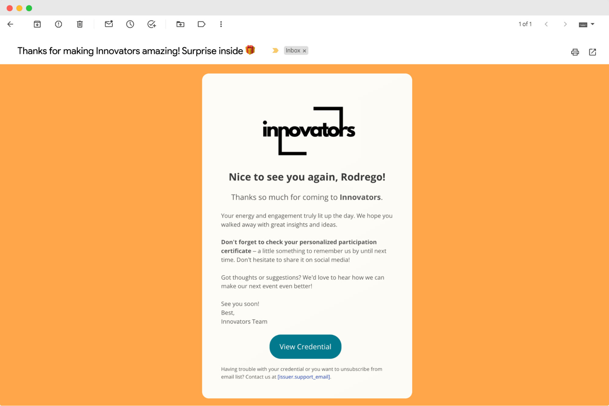 Thank you email for attending an event, designed to express gratitude towards attendees and provide them with a personalized certificate of participation. Thank you email for attending an event, designed to express gratitude towards attendees and provide them with a personalized certificate of participation.
