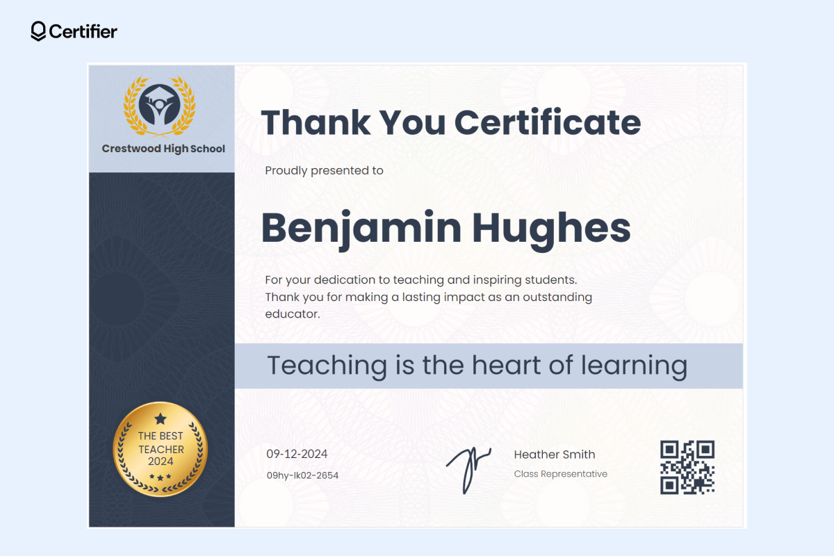 Thank you certificate template Word format featuring a navy and gold design, bold text for the recipient's name, a badge for Thank you certificate template Word format featuring a navy and gold design, bold text for the recipient's name, a badge for