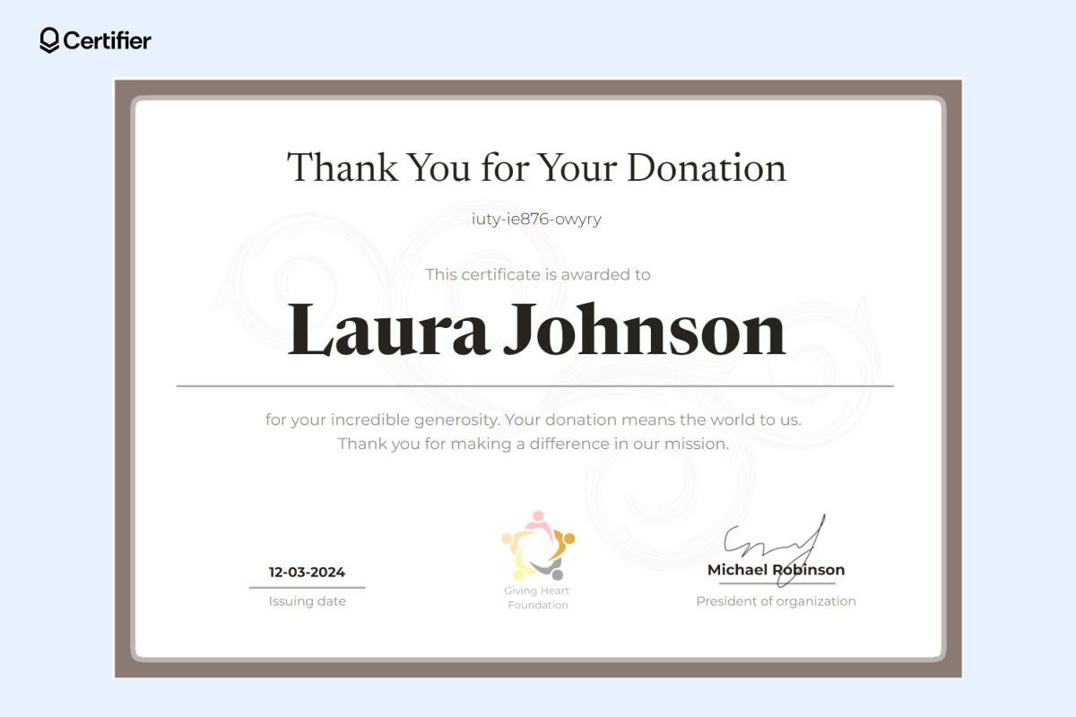 A thank you for your donation certificate template featuring a simple, elegant design with the recipient's name in bold, a subtle background pattern, and space for signatures. A thank you for your donation certificate template featuring a simple, elegant design with the recipient's name in bold, a subtle background pattern, and space for signatures.