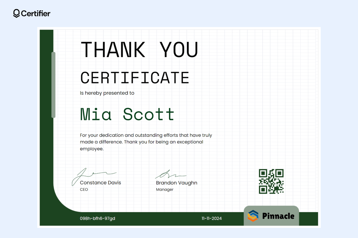 Certificate of appreciation template featuring a clean, grid-style design with green accents, bold text for the recipient’s name, space for signatures, and a QR code for verification. Certificate of appreciation template featuring a clean, grid-style design with green accents, bold text for the recipient’s name, space for signatures, and a QR code for verification.