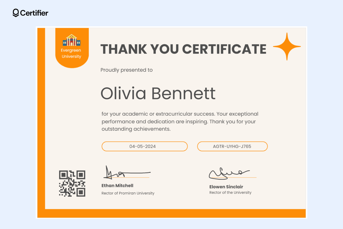 One of the certificate appreciation templates featuring bold orange accents, recipient's name in large text, space for signatures, and a QR code for verification. One of the certificate appreciation templates featuring bold orange accents, recipient's name in large text, space for signatures, and a QR code for verification.