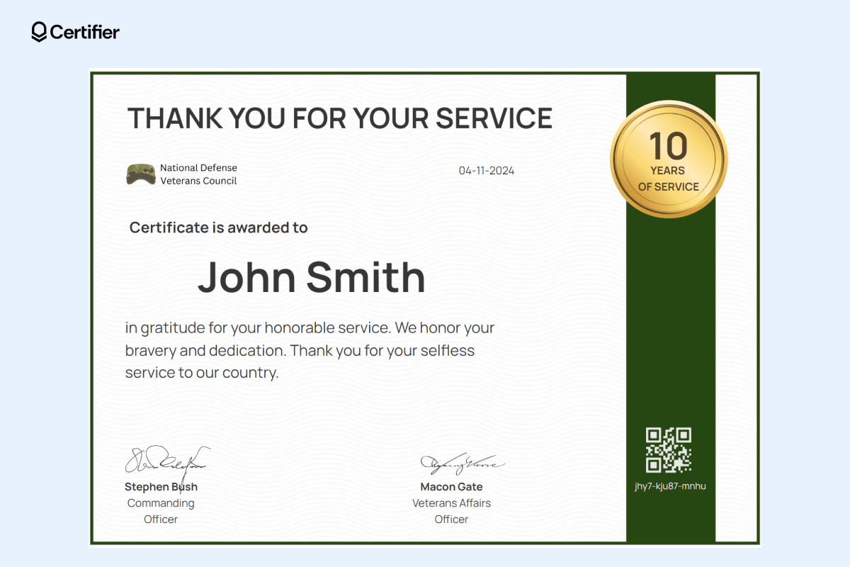 A thank you for your service certificate template from Certifier, with the design that has a QR code, green tones, and wording that expresses gratitude. A thank you for your service certificate template from Certifier, with the design that has a QR code, green tones, and wording that expresses gratitude.
