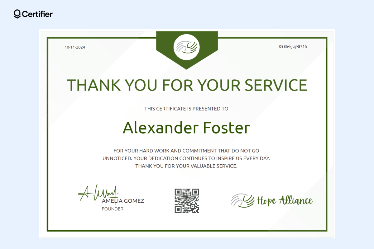 Thank you for your service certificate template with a clean green-accented design, featuring bold text for the recipient's name, a professional logo at the top, and a simple, balanced layout. Thank you for your service certificate template with a clean green-accented design, featuring bold text for the recipient's name, a professional logo at the top, and a simple, balanced layout.