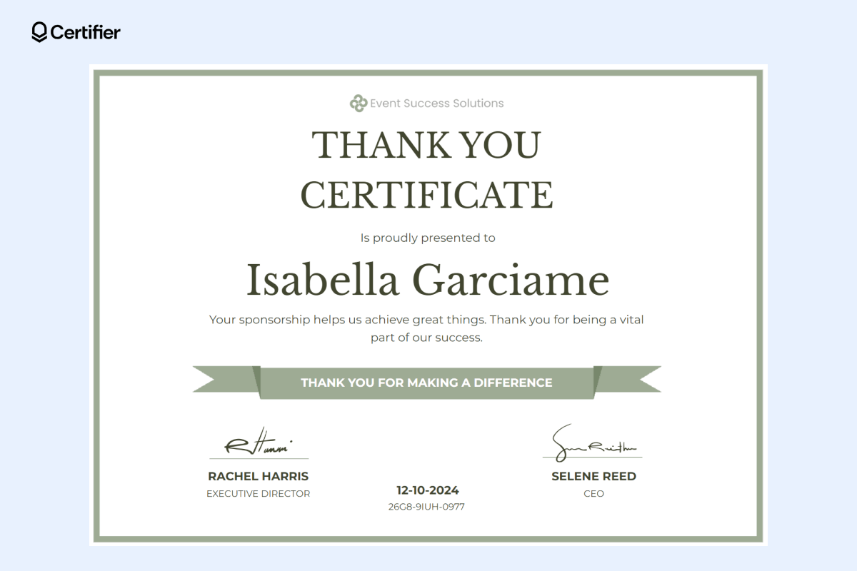 Sponsor thank you certificate template featuring a clean design with soft green accents, bold text for the sponsor’s name, and a ribbon banner. Sponsor thank you certificate template featuring a clean design with soft green accents, bold text for the sponsor’s name, and a ribbon banner.