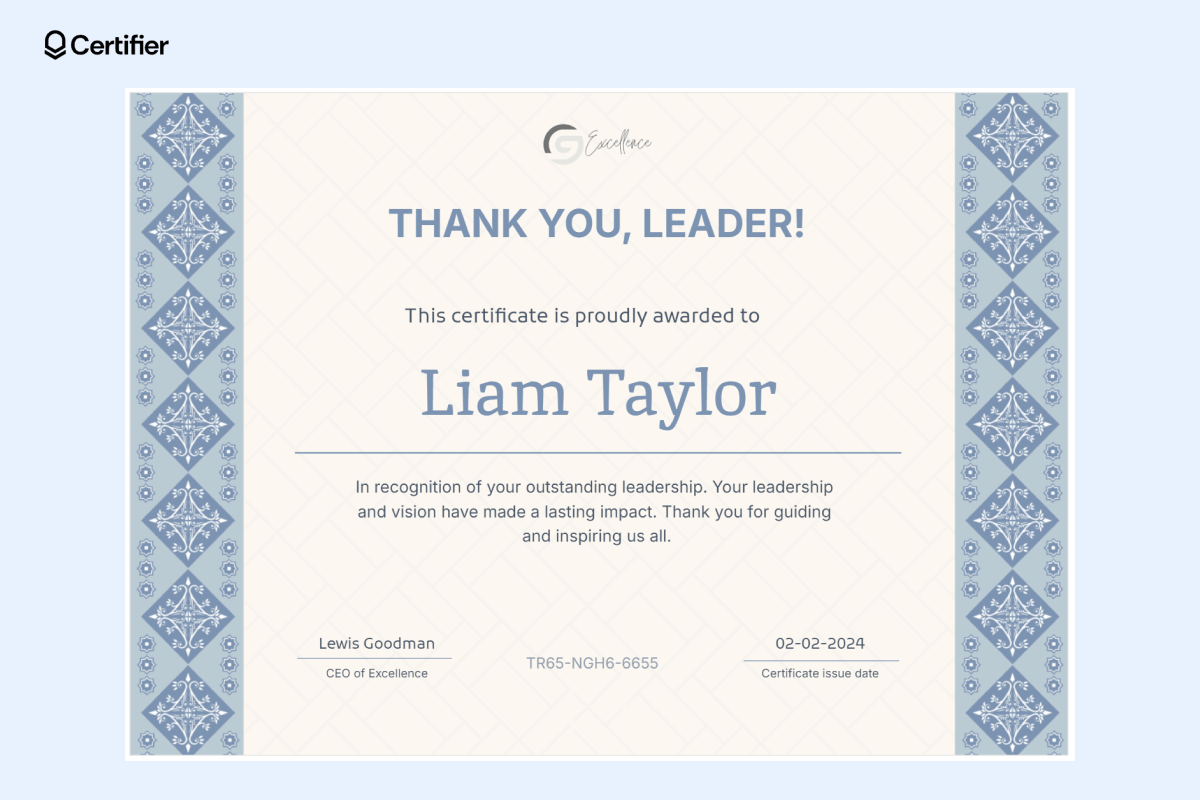 Thank you certificate template for leaders with elegant blue patterned borders, bold text for the recipient’s name, and a clean, sophisticated layout. Thank you certificate template for leaders with elegant blue patterned borders, bold text for the recipient’s name, and a clean, sophisticated layout.