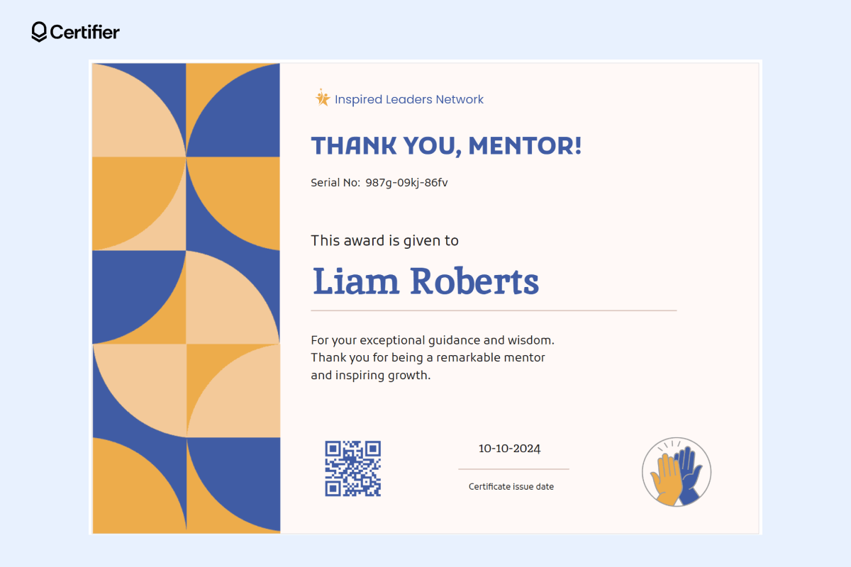 One of Certifier’s free thank you certificate templates featuring a colorful geometric design on the left, bold text, and a clean, balanced layout perfect for recognizing mentors. One of Certifier’s free thank you certificate templates featuring a colorful geometric design on the left, bold text, and a clean, balanced layout perfect for recognizing mentors.