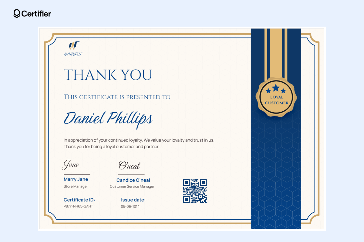 One of the free thank you certificate templates featuring gold and navy colors, with a loyalty badge, bold customer name in script, and clean layout for signatures, certificate ID, and QR code. One of the free thank you certificate templates featuring gold and navy colors, with a loyalty badge, bold customer name in script, and clean layout for signatures, certificate ID, and QR code.