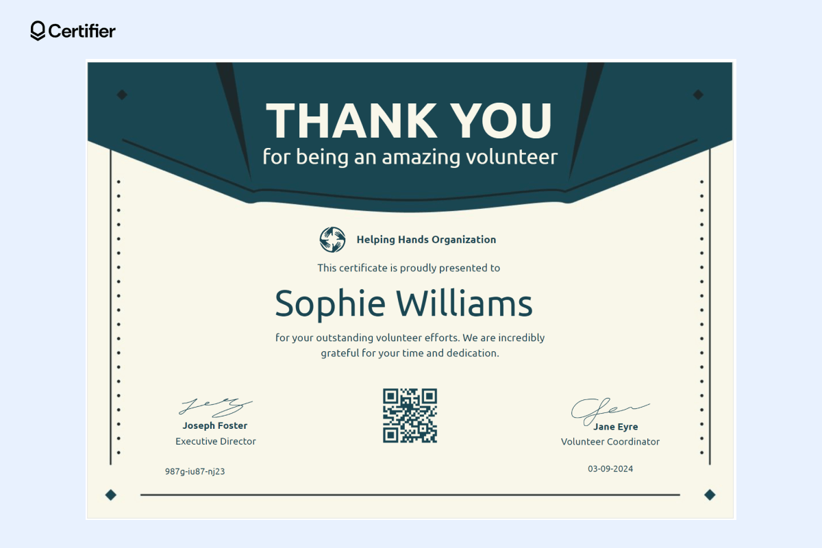 One of the free thank you certificate templates featuri a dark teal design, bold heading, recipient's name in large text, and space for signatures. Ideal for recognizing outstanding volunteer contributions. One of the free thank you certificate templates featuri a dark teal design, bold heading, recipient's name in large text, and space for signatures. Ideal for recognizing outstanding volunteer contributions.