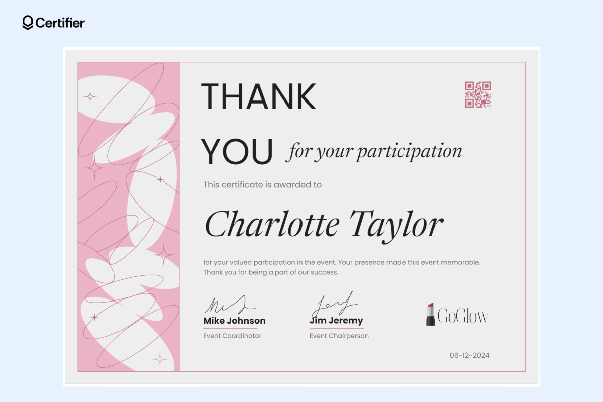 A thank you certificate template Word format fully editable in Certifier’s editor, featuring a pink color scheme with geometrical shapes on the left. A thank you certificate template Word format fully editable in Certifier’s editor, featuring a pink color scheme with geometrical shapes on the left.