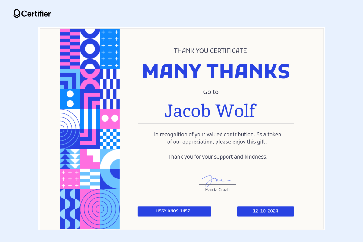 A thank you gift certificate template with vibrant geometric designs in blue and pink, featuring bold text and space for a personalized message to show appreciation. A thank you gift certificate template with vibrant geometric designs in blue and pink, featuring bold text and space for a personalized message to show appreciation.
