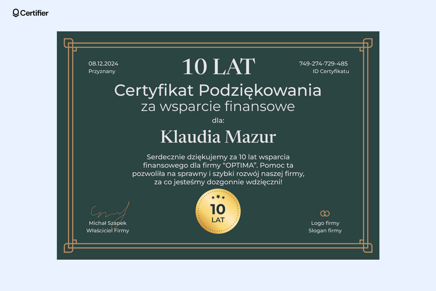 Klasyczny, ciemnozielony przykład podziękowania za wsparcie finansowe. Klasyczny, ciemnozielony przykład podziękowania za wsparcie finansowe.