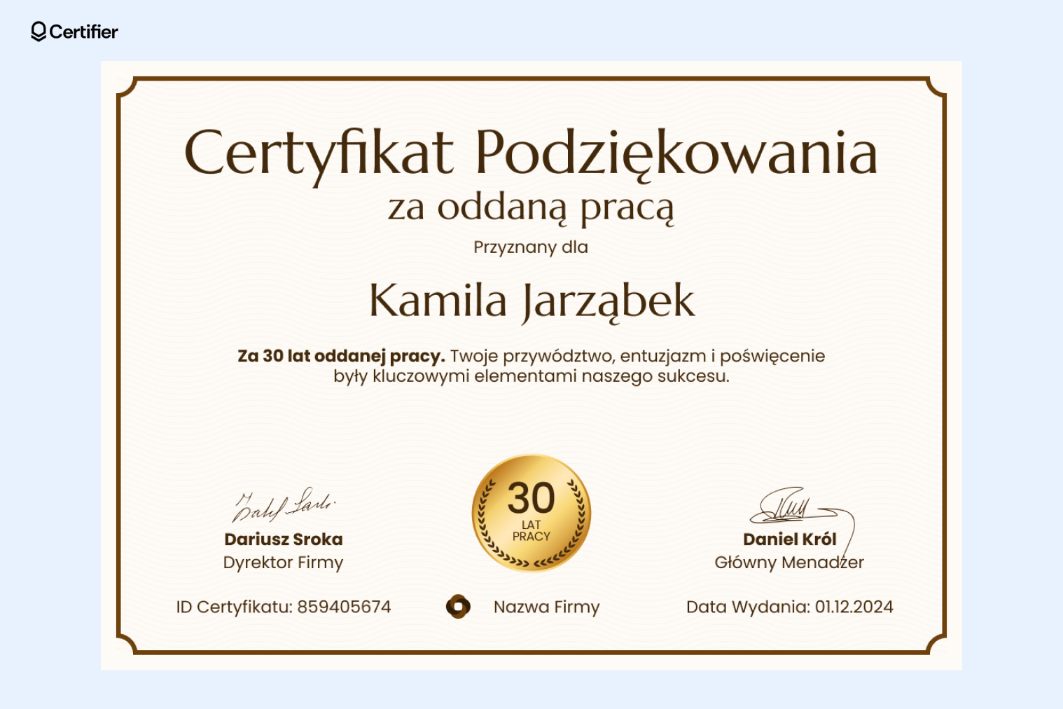Przykładowe podziękowanie dla pracownika za dobrą pracę w formie beżowego, prostego i eleganckiego certyfikatu. Przykładowe podziękowanie dla pracownika za dobrą pracę w formie beżowego, prostego i eleganckiego certyfikatu.