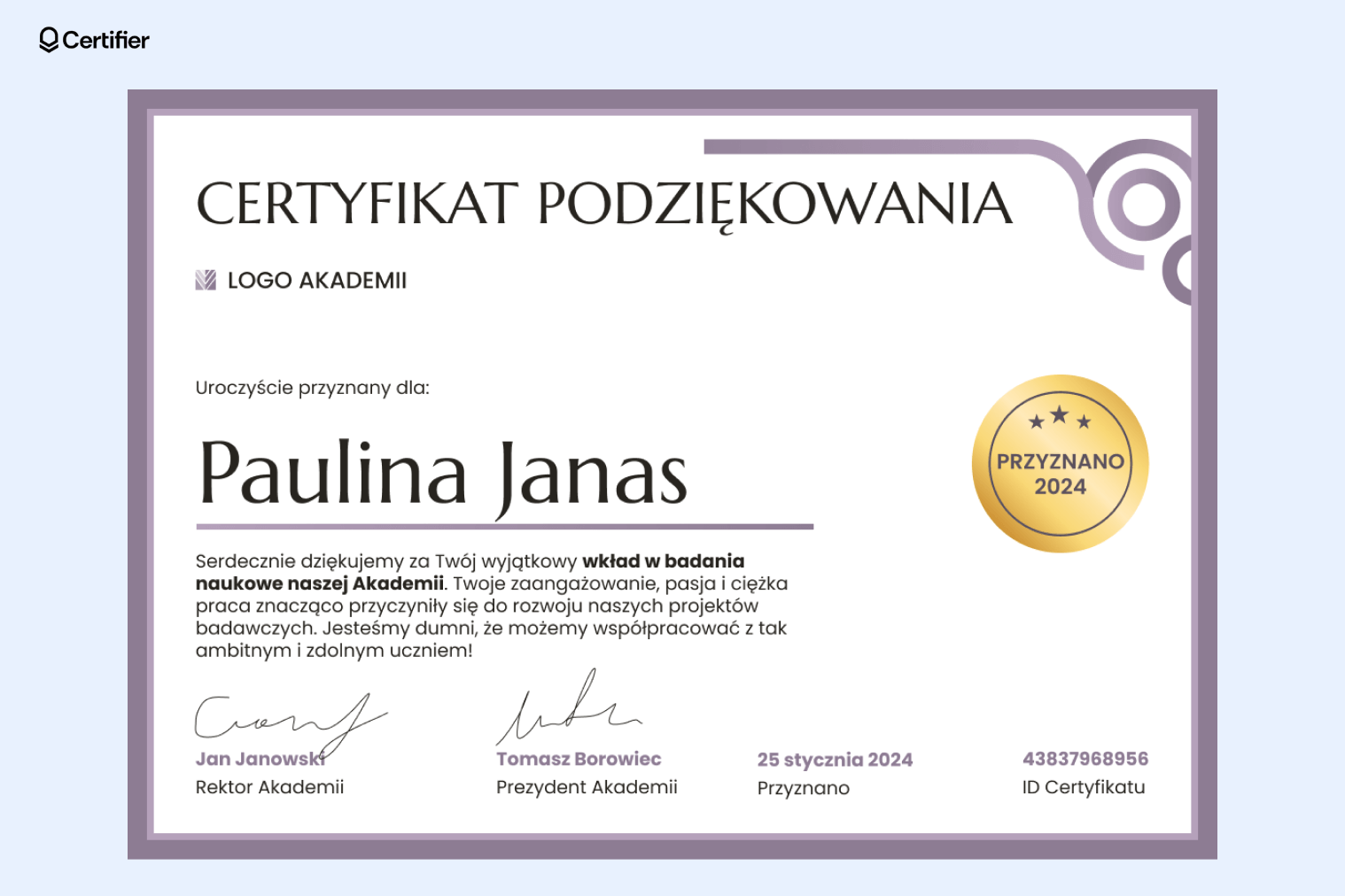 Przykład podziękowania dyplom w kolorze fioletowym. Przykład podziękowania dyplom w kolorze fioletowym.