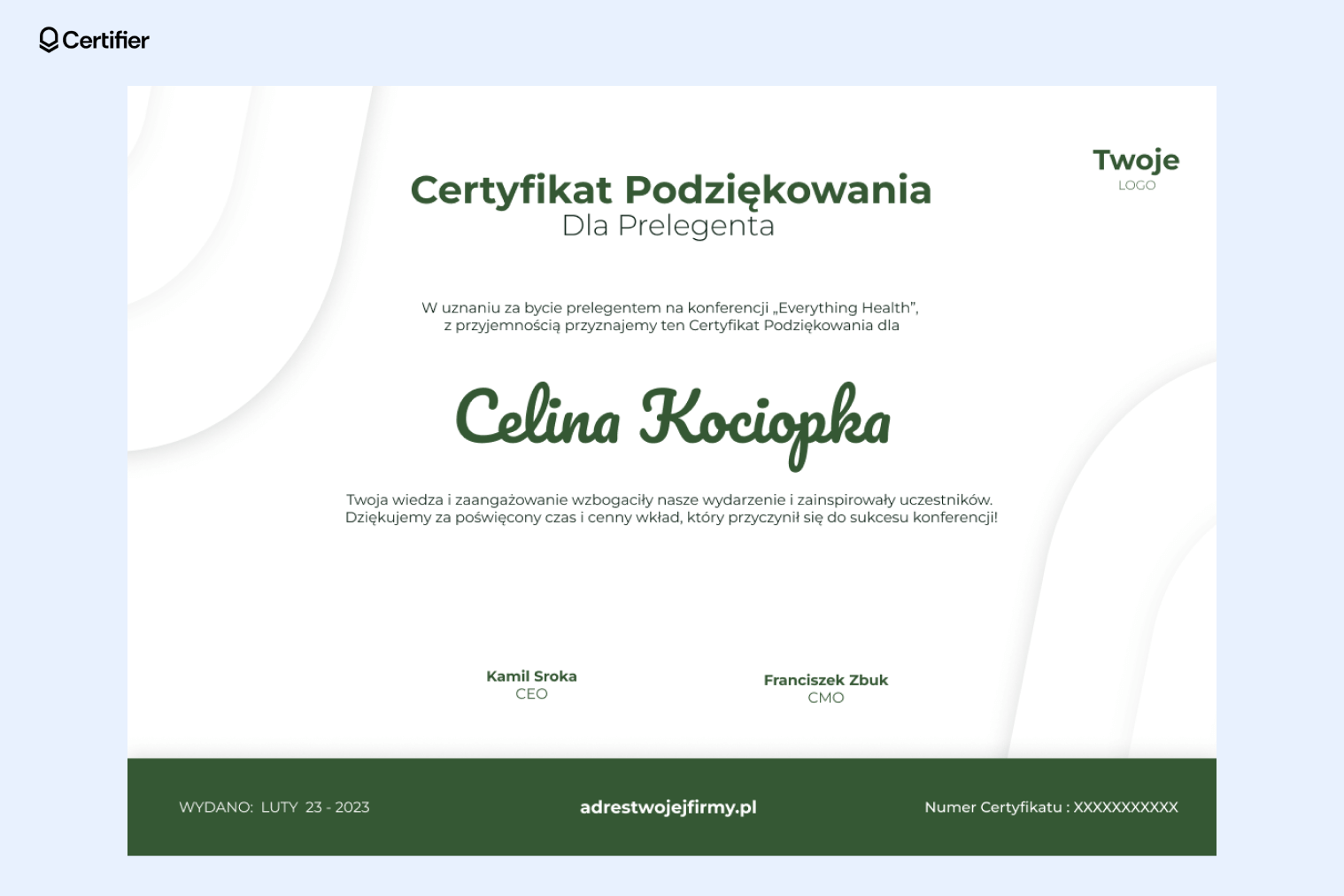 Przykładowe podziękowania dla prelegenta w formie certyfikatu. Przykładowe podziękowania dla prelegenta w formie certyfikatu.