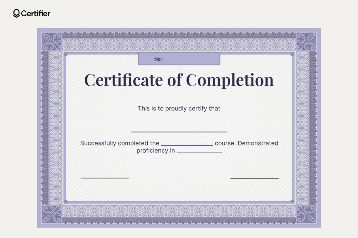 Blank participation certificate templates in purple with decorative border, including placeholders for course name, proficiency area, and signature fields. Blank participation certificate templates in purple with decorative border, including placeholders for course name, proficiency area, and signature fields.