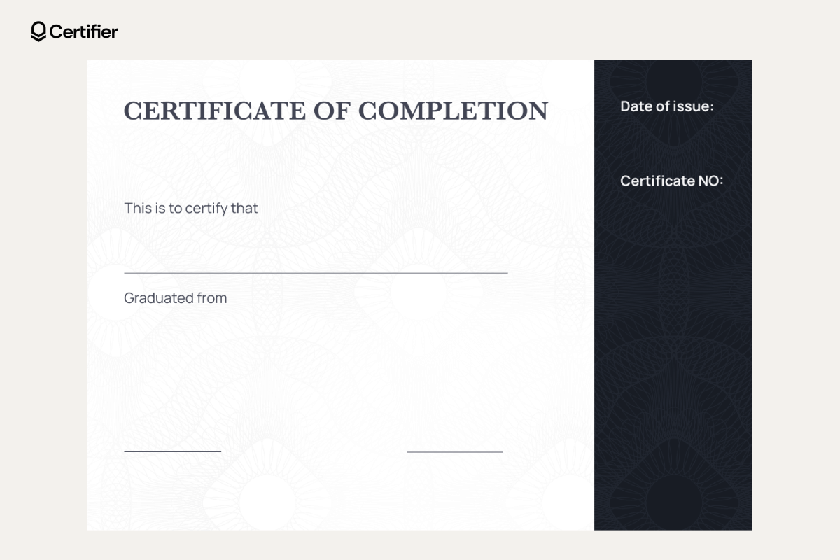Editable blank certificate template free download for completion, with a dark side panel and placeholders for graduate’s name, institution, certificate number, and issue date. Editable blank certificate template free download for completion, with a dark side panel and placeholders for graduate’s name, institution, certificate number, and issue date.
