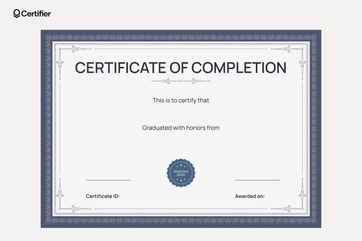 Blank certificate templates free download for course completion, featuring intricate blue border with sections for course name, recipient, and award details. Blank certificate templates free download for course completion, featuring intricate blue border with sections for course name, recipient, and award details.