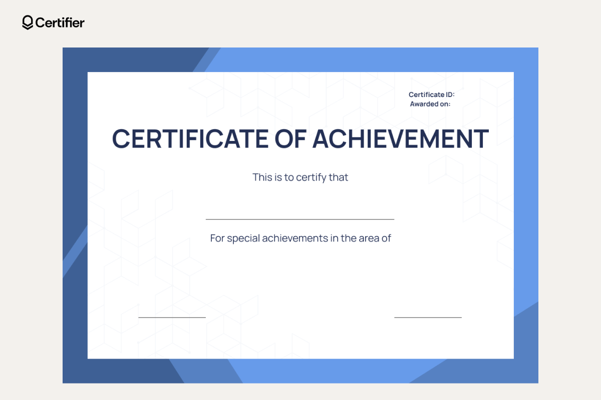 Free blank certificate templates for word featuring a blue border, with placeholders for recipient’s name, achievement area, certificate ID, and awarded date. Free blank certificate templates for word featuring a blue border, with placeholders for recipient’s name, achievement area, certificate ID, and awarded date.