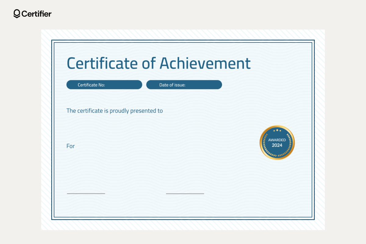 Free blank certificate templates for word with a blue wavy background, designated for achievement, with spaces for recipient, issue date, and certificate number. Free blank certificate templates for word with a blue wavy background, designated for achievement, with spaces for recipient, issue date, and certificate number.