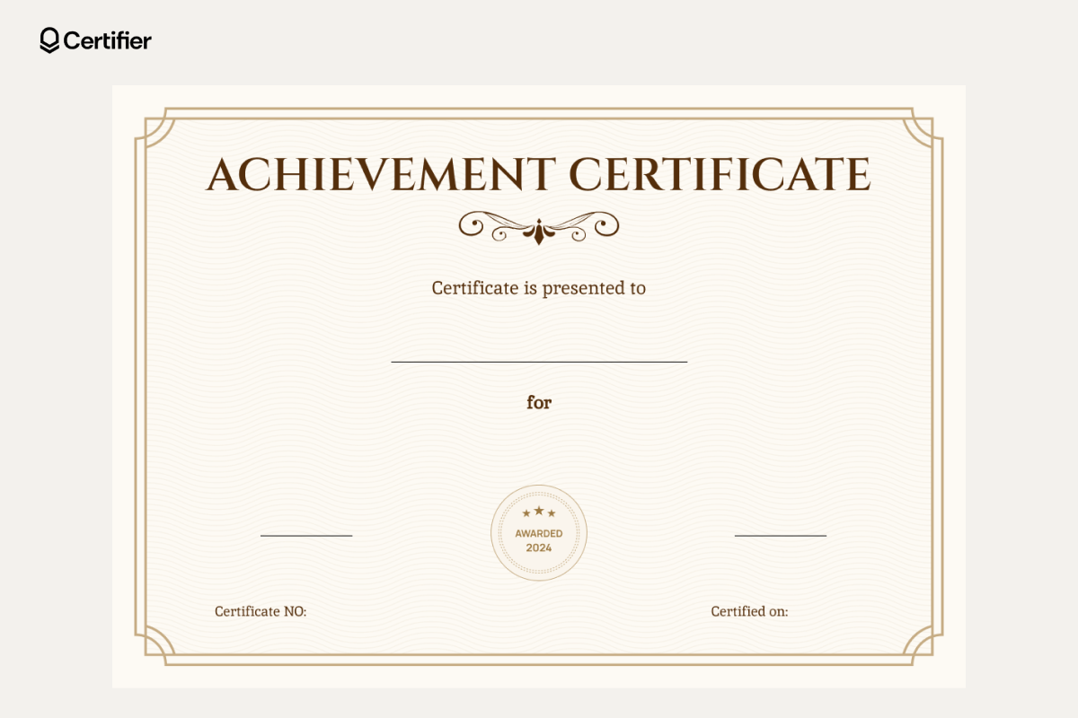 Certificate blank templates for achievement with a classic gold border, placeholders for recipient, award reason, certificate number, and certification date. Certificate blank templates for achievement with a classic gold border, placeholders for recipient, award reason, certificate number, and certification date.
