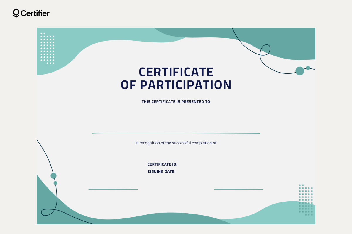 Certificate blank templates for participation with teal accents and abstract design, featuring fields for recipient, completion details, certificate ID, and issue date. Certificate blank templates for participation with teal accents and abstract design, featuring fields for recipient, completion details, certificate ID, and issue date.