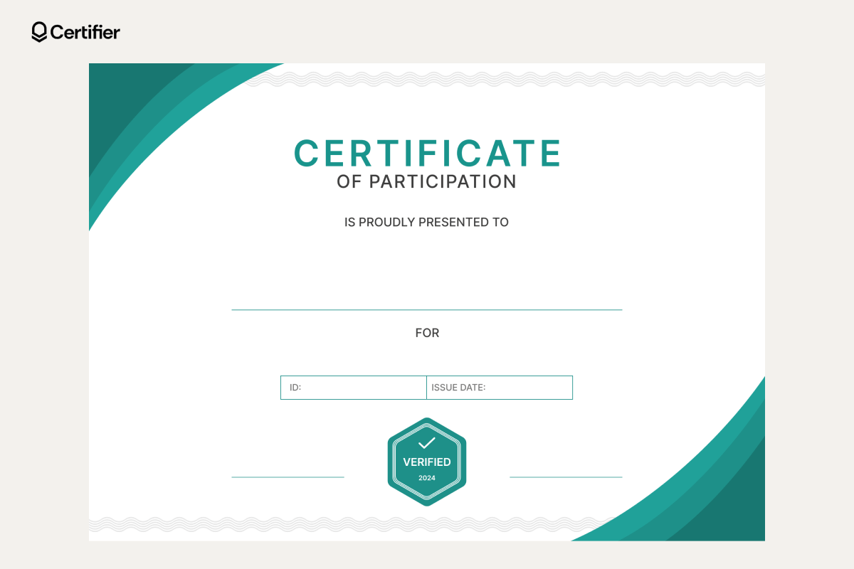 Editable blank certificate template free download for participation with teal accents and placeholders for recipient name, purpose, ID, and issue date. Editable blank certificate template free download for participation with teal accents and placeholders for recipient name, purpose, ID, and issue date.