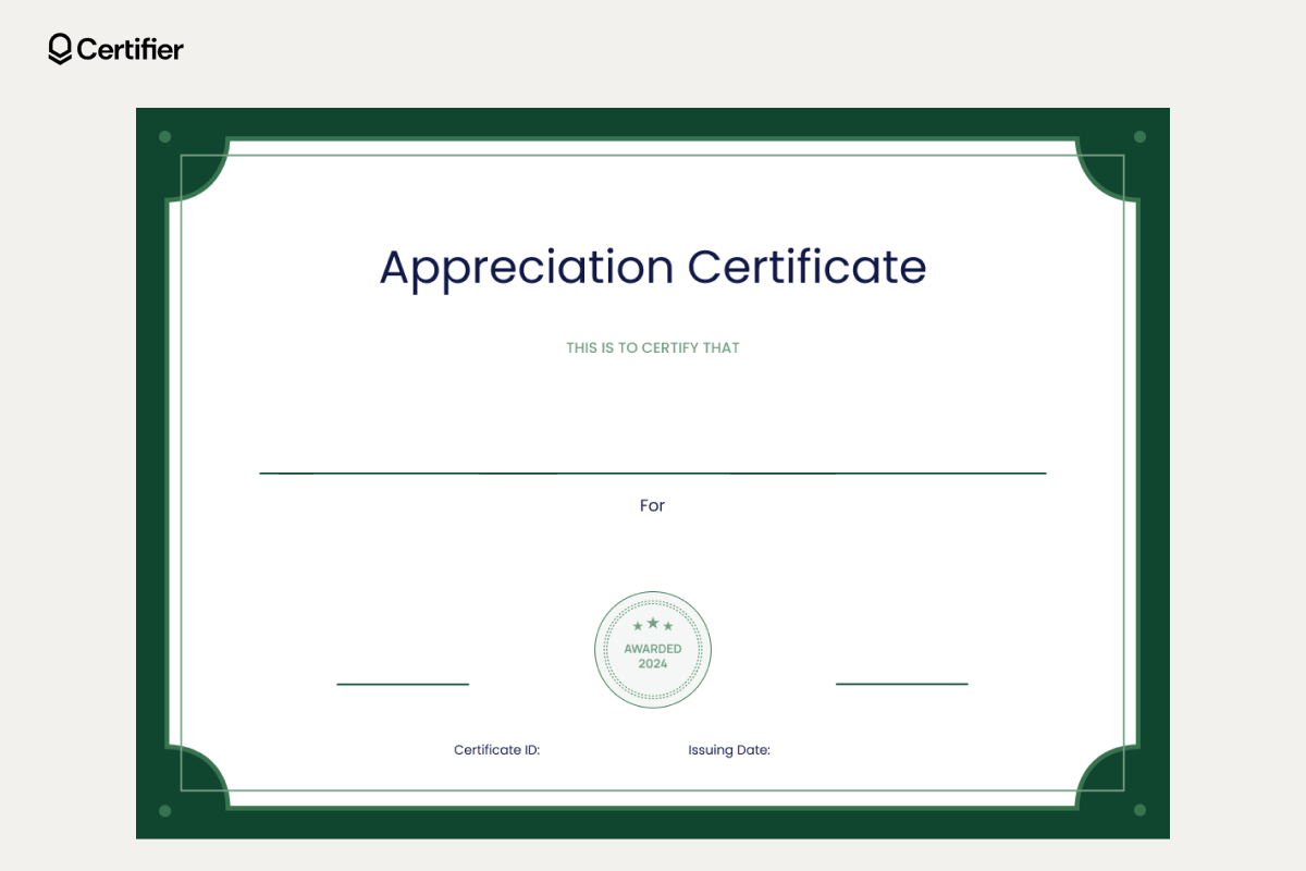 Certificate blank templates for appreciation in green with decorative borders, featuring placeholders for recipient’s name, award reason, date, and certificate ID. Certificate blank templates for appreciation in green with decorative borders, featuring placeholders for recipient’s name, award reason, date, and certificate ID.