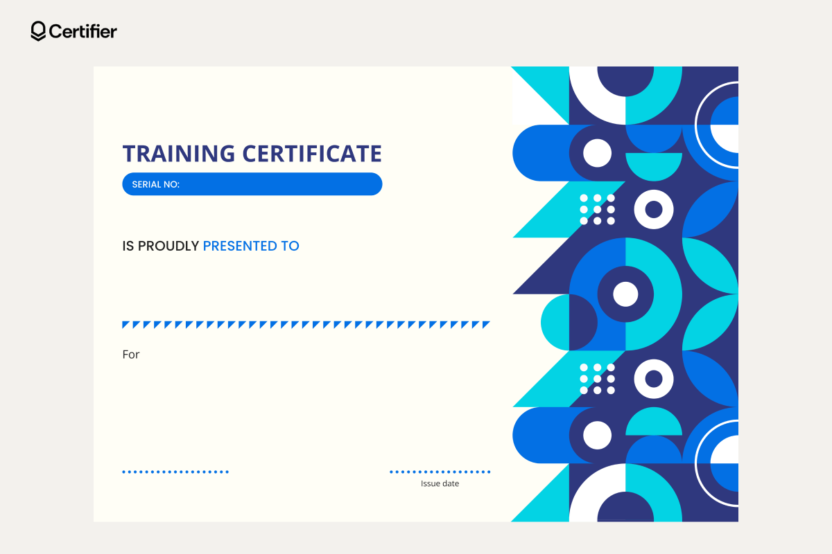 Editable blank certificate template free download for training, with bold blue geometric side design and spaces for recipient name, purpose, serial number, and issue date. Editable blank certificate template free download for training, with bold blue geometric side design and spaces for recipient name, purpose, serial number, and issue date.