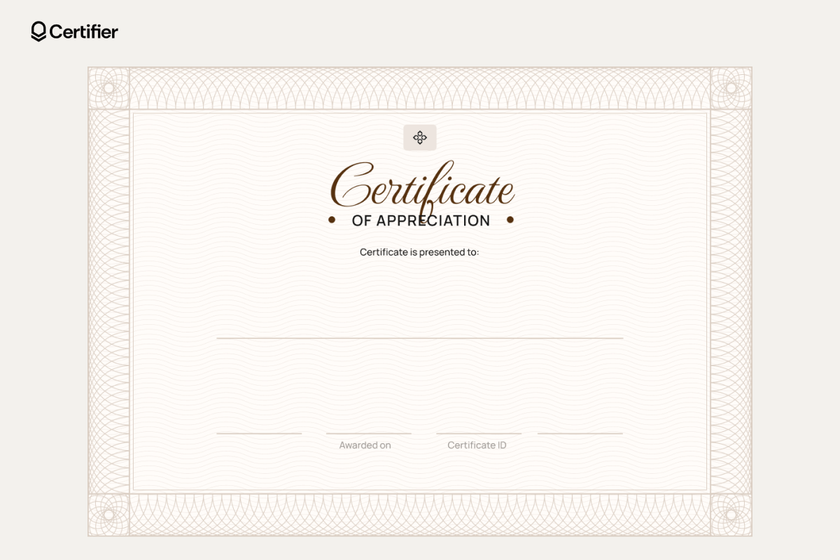 Free blank certificate templates for word in an elegant design with ornate border for appreciation, featuring spaces for recipient, award date, and certificate ID. Free blank certificate templates for word in an elegant design with ornate border for appreciation, featuring spaces for recipient, award date, and certificate ID.